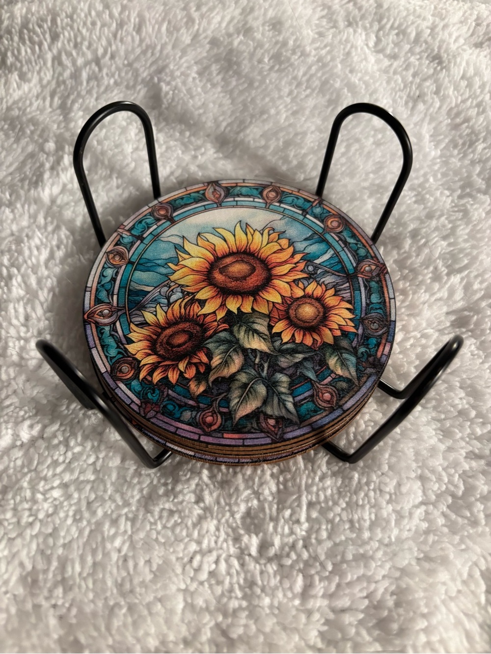 Sunflower Stained-Glass Coaster Set - Yellow & Teal